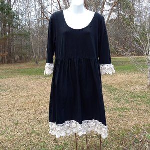 Well Ida Clair Black Pima Cotton Dress Southern Boho Ivory Crochet Details sz L